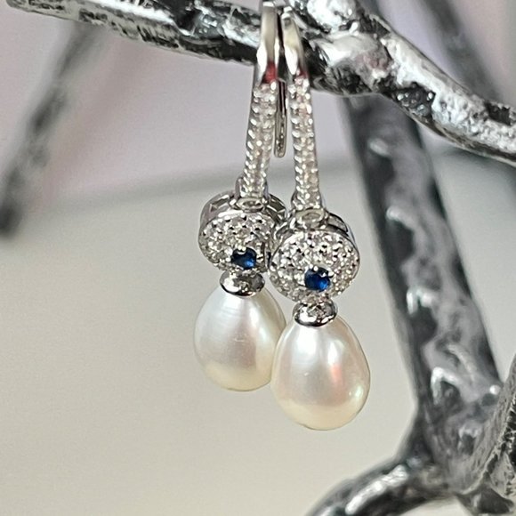 Vintage Style 925S Zirconia And Real Freshwater Drop Pearl Dangle Hook Earrings - Picture 10 of 14